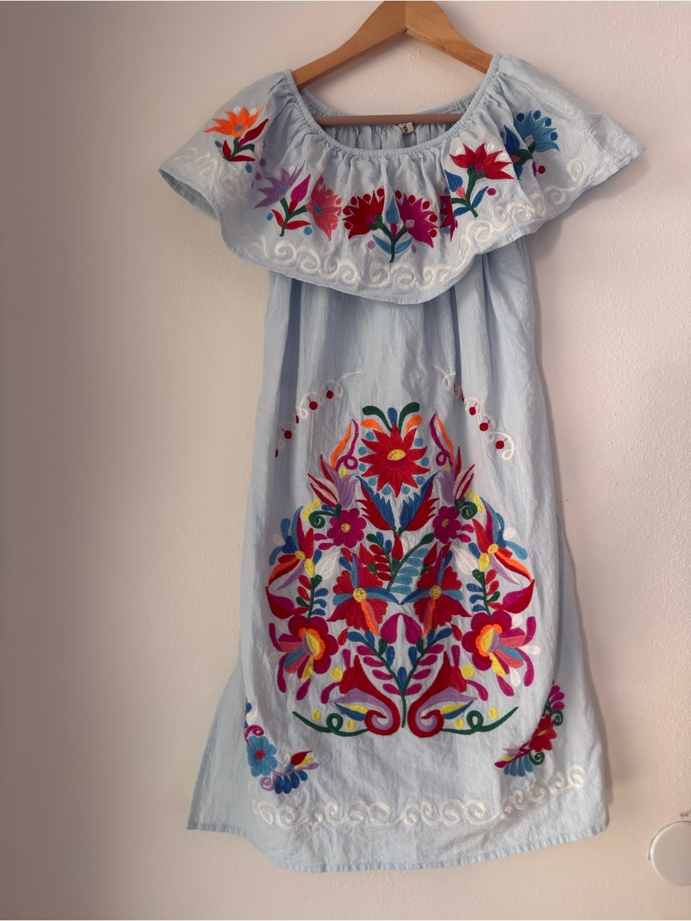 YZXDORWJ Womens Folklore Embroidered Dress Off Shoulder Small Blue Mexican Boho